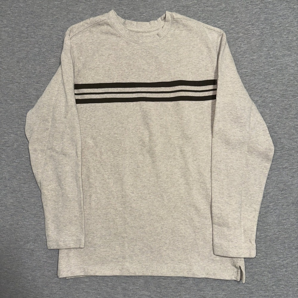 Basic Editions Long Sleeve Striped Crewneck T-Shirt Gray Brown Mens Small
